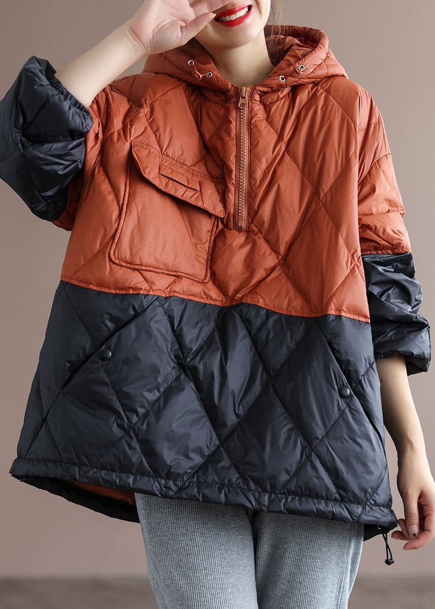Boho Orange Patchwork Black hooded Loose Winter Down coat GK-DJK211012