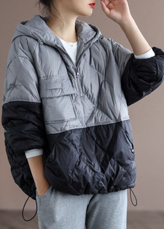 Boho Orange Patchwork Black hooded Loose Winter Down coat GK-DJK211012