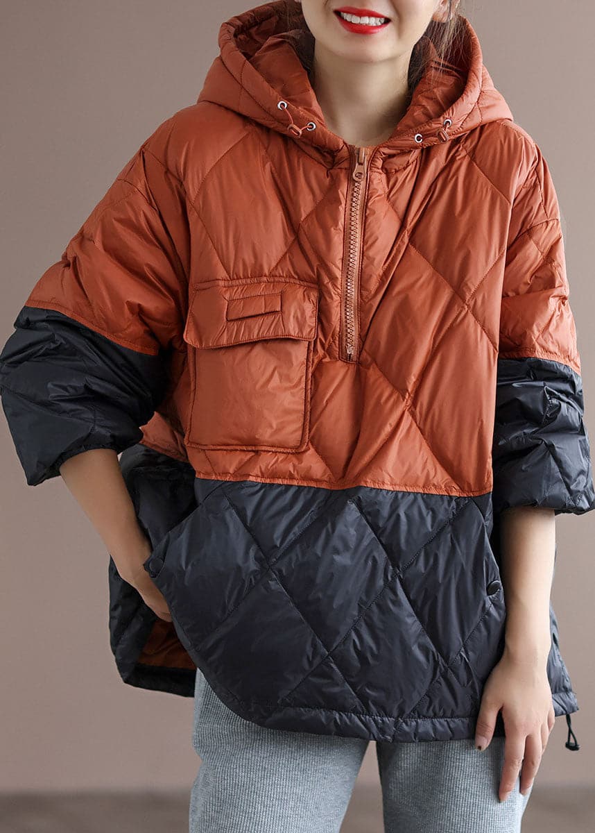 Boho Orange Patchwork Black hooded Loose Winter Down coat GK-DJK211012