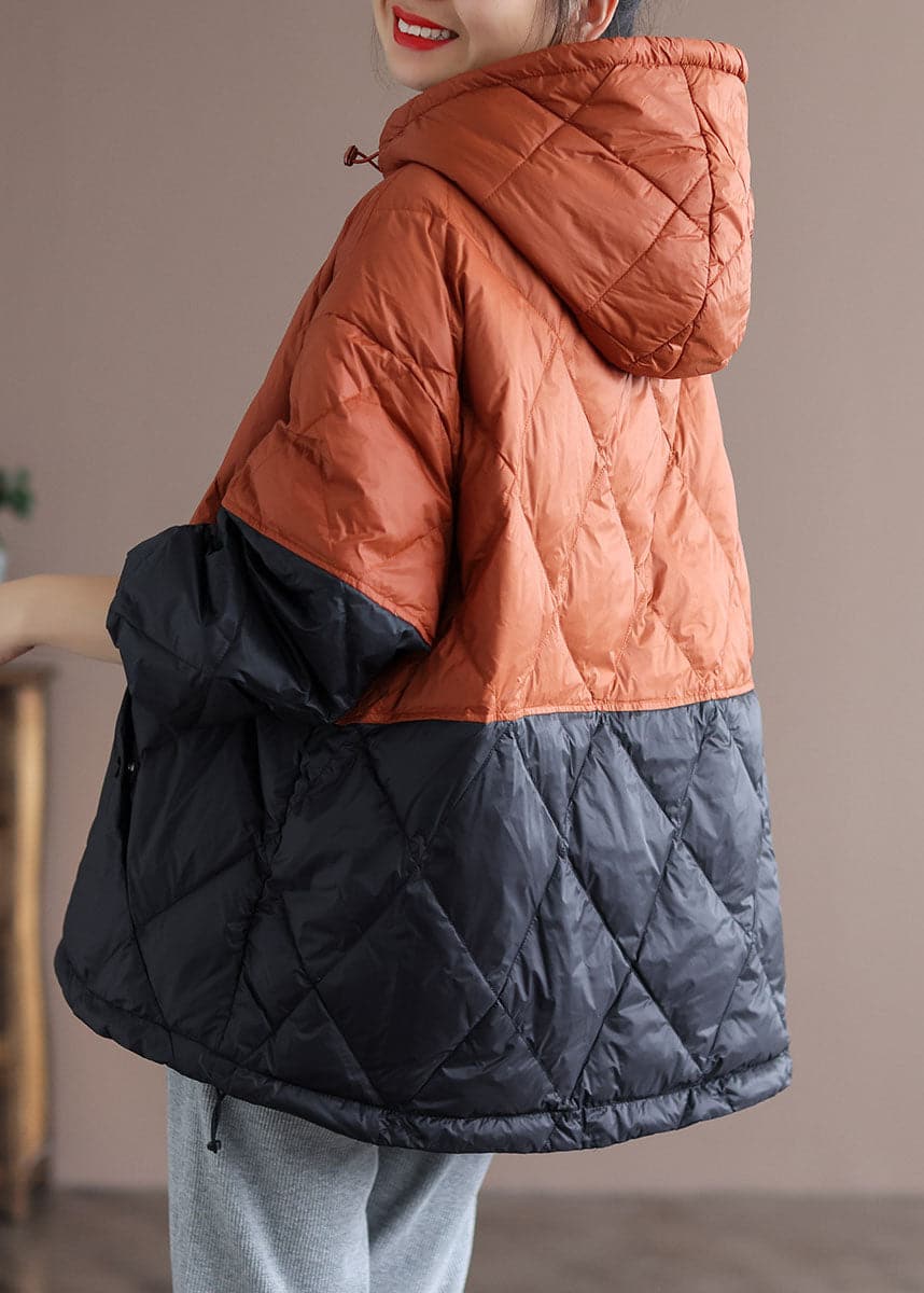 Boho Orange Patchwork Black hooded Loose Winter Down coat GK-DJK211012