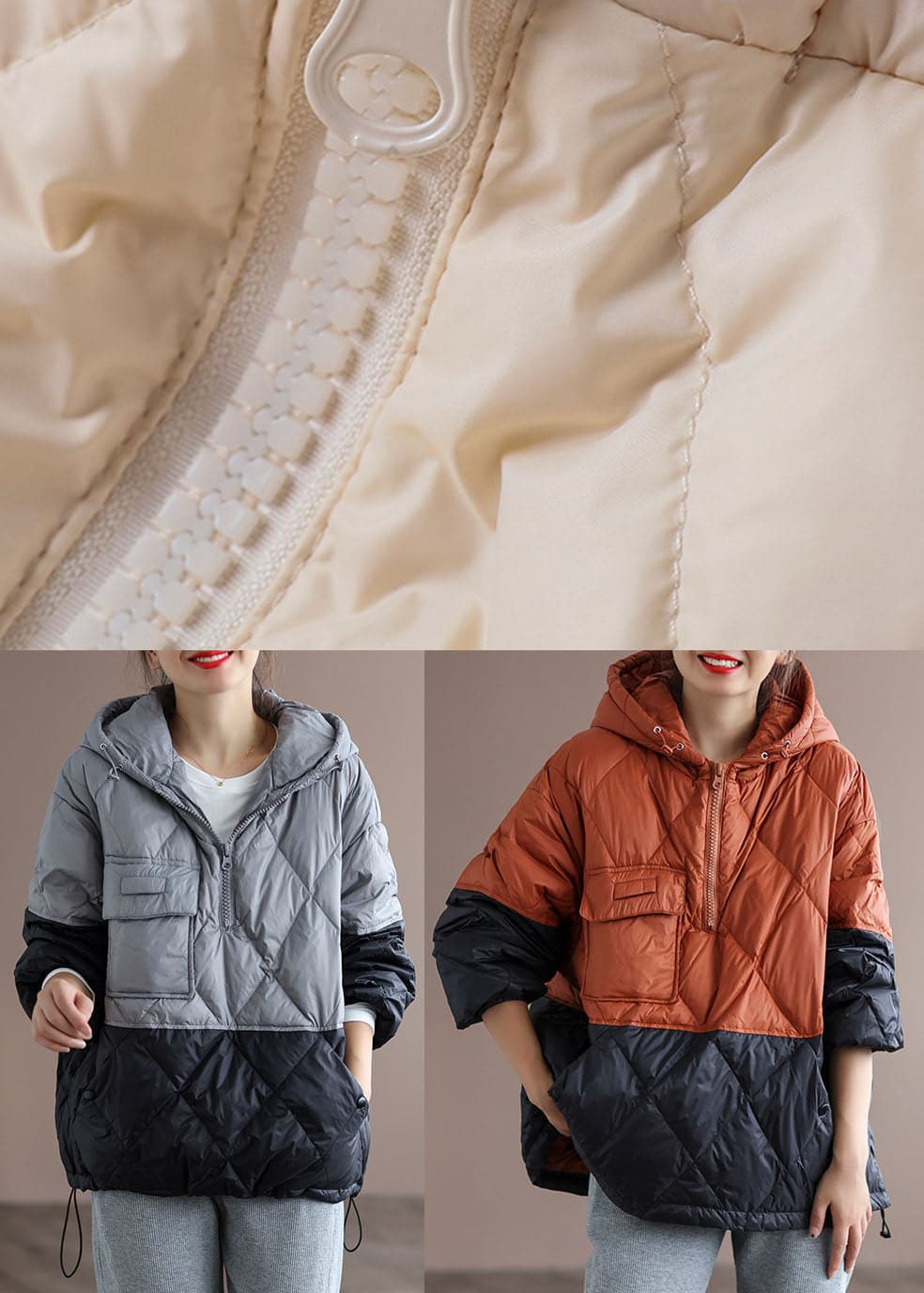 Boho Orange Patchwork Black hooded Loose Winter Down coat GK-DJK211012