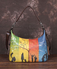 Boho Yellow character Paitings Calf Leather Tote Handbag BGS211230