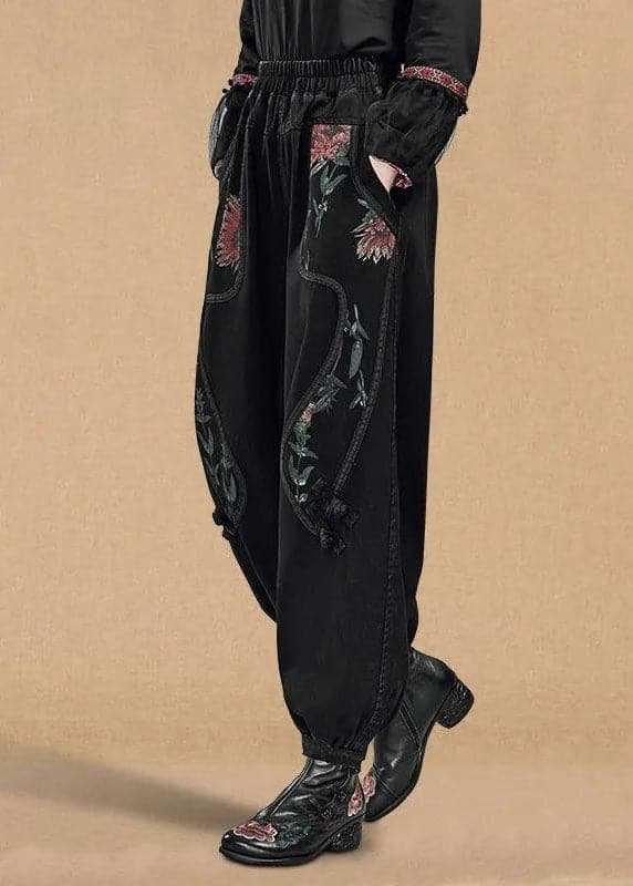 Boutique Black Elastic Waist Pockets Print Cotton Denim Harem Pants Fall GK-LPTS220830