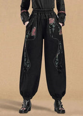 Boutique Black Elastic Waist Pockets Print Cotton Denim Harem Pants Fall GK-LPTS220830