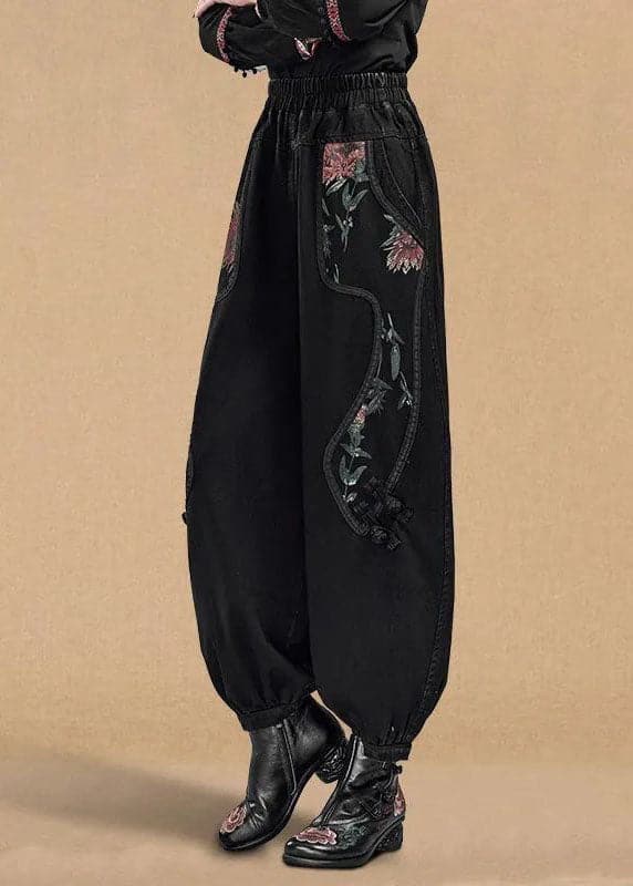 Boutique Black Elastic Waist Pockets Print Cotton Denim Harem Pants Fall GK-LPTS220830
