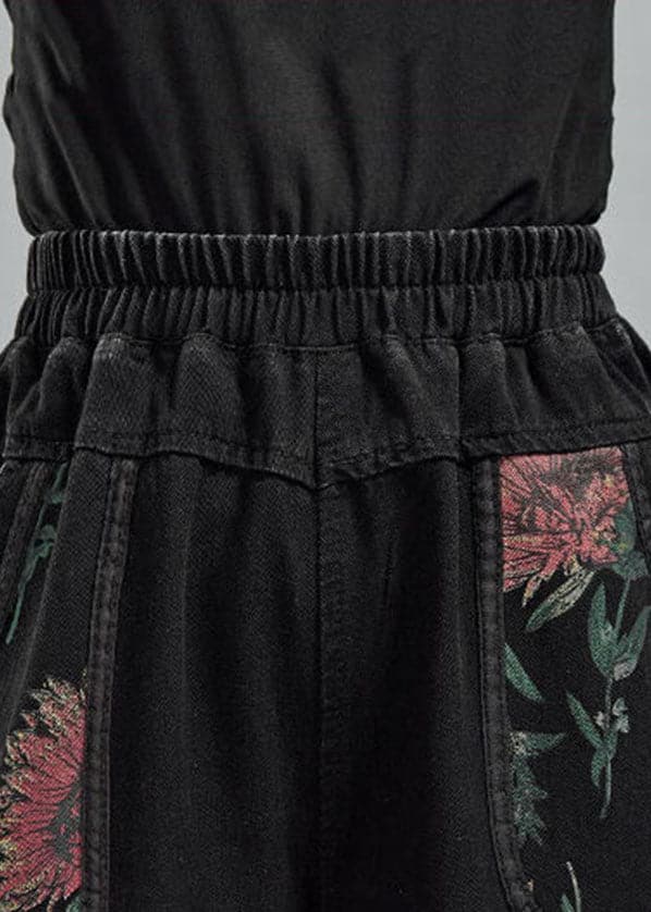 Boutique Black Elastic Waist Pockets Print Cotton Denim Harem Pants Fall GK-LPTS220830