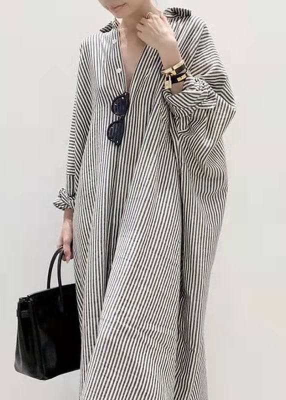 Boutique Black Peter Pan Collar Striped shirts Dress Spring HS-YY-FDL211222