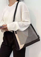 Boutique Black Striped Print Canvas Tote Handbag BGS211231