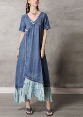Boutique Blue V Neck Patchwork Cotton Denim Dress Short Sleeve nz-SDL220304