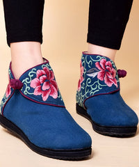 Boutique Buckle Strap Embroideried Comfy Ankle Boots Blue Cotton Fabric SHOE-XZ220328