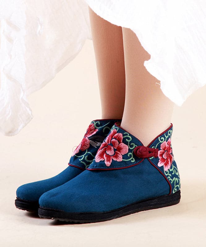 Boutique Buckle Strap Embroideried Comfy Ankle Boots Blue Cotton Fabric SHOE-XZ220328
