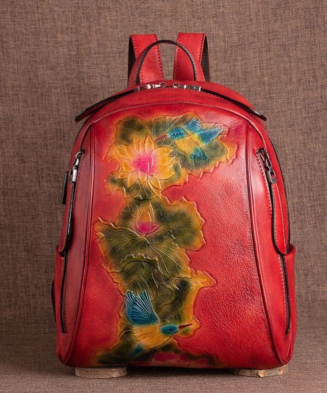 Boutique Red Lotus Paitings Calf Leather Backpack Bag BGS211230