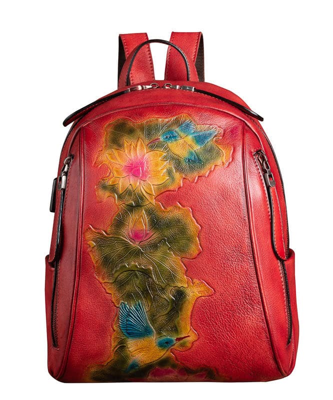 Boutique Red Lotus Paitings Calf Leather Backpack Bag BGS211230