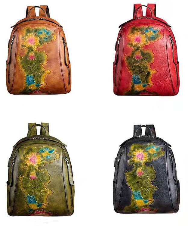 Boutique Red Lotus Paitings Calf Leather Backpack Bag BGS211230