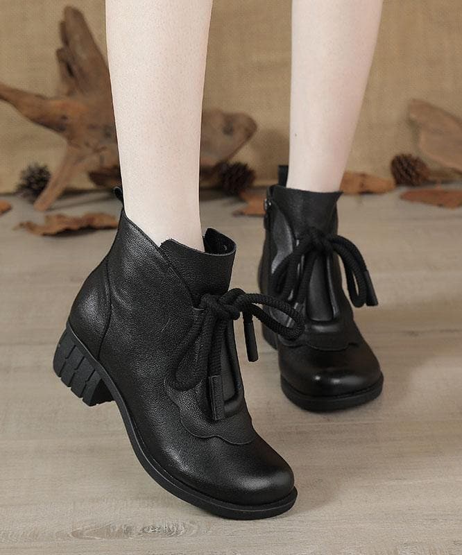 Brown Boots Chunky Cowhide Leather Fashion Lace Up Boots XZ-XZ210804