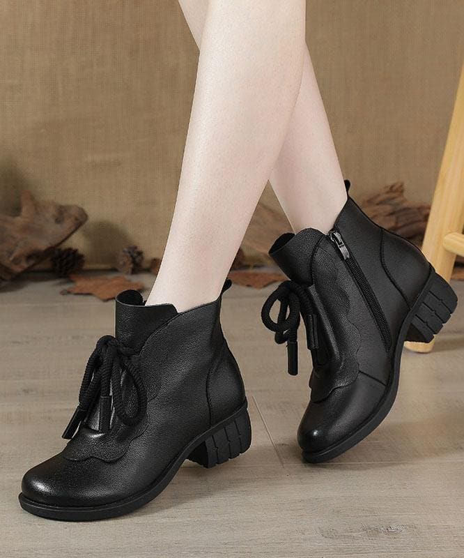 Brown Boots Chunky Cowhide Leather Fashion Lace Up Boots XZ-XZ210804
