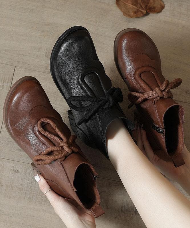 Brown Boots Chunky Cowhide Leather Fashion Lace Up Boots XZ-XZ210804