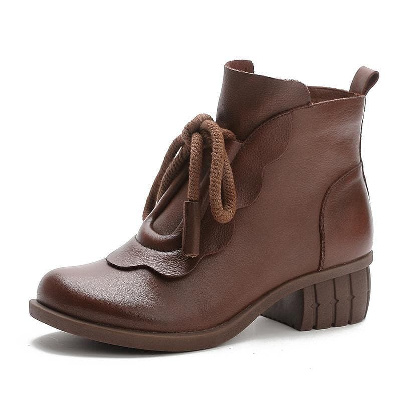 Brown Boots Chunky Cowhide Leather Fashion Lace Up Boots XZ-XZ210804