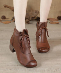 Brown Chunky Cowhide Leather Simple Splicing Ankle boots XZ-XZ210804