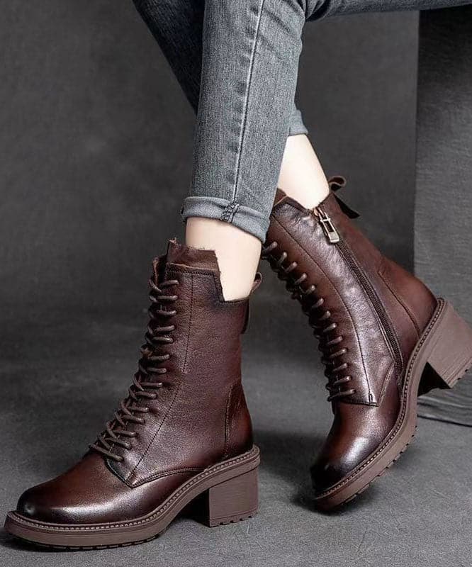 Brown Cowhide Leather Boots Lace Up Zippered Motorcycle Boots PDD-XZ220831