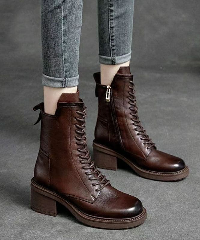 Brown Cowhide Leather Boots Lace Up Zippered Motorcycle Boots PDD-XZ220831