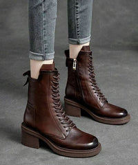 Brown Cowhide Leather Boots Lace Up Zippered Motorcycle Boots PDD-XZ220831