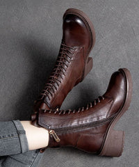 Brown Cowhide Leather Boots Lace Up Zippered Motorcycle Boots PDD-XZ220831