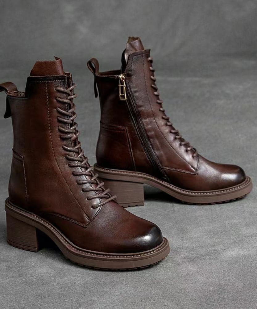 Brown Cowhide Leather Boots Lace Up Zippered Motorcycle Boots PDD-XZ220831