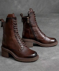 Brown Cowhide Leather Boots Lace Up Zippered Motorcycle Boots PDD-XZ220831