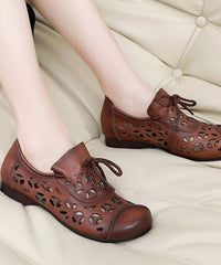 Brown Flat Shoes Cowhide Leather Fashion Hollow Out Lace Up Flat Shoes BX-PDX220407