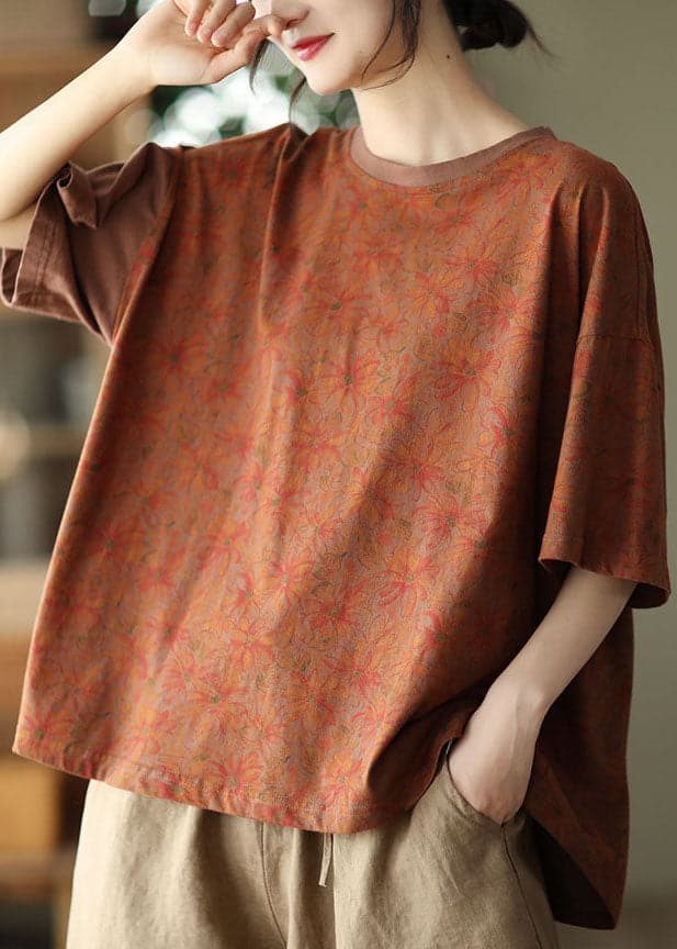 Brown Print Cotton Tanks O-Neck Asymmetrical Batwing Sleeve GK-STP220523