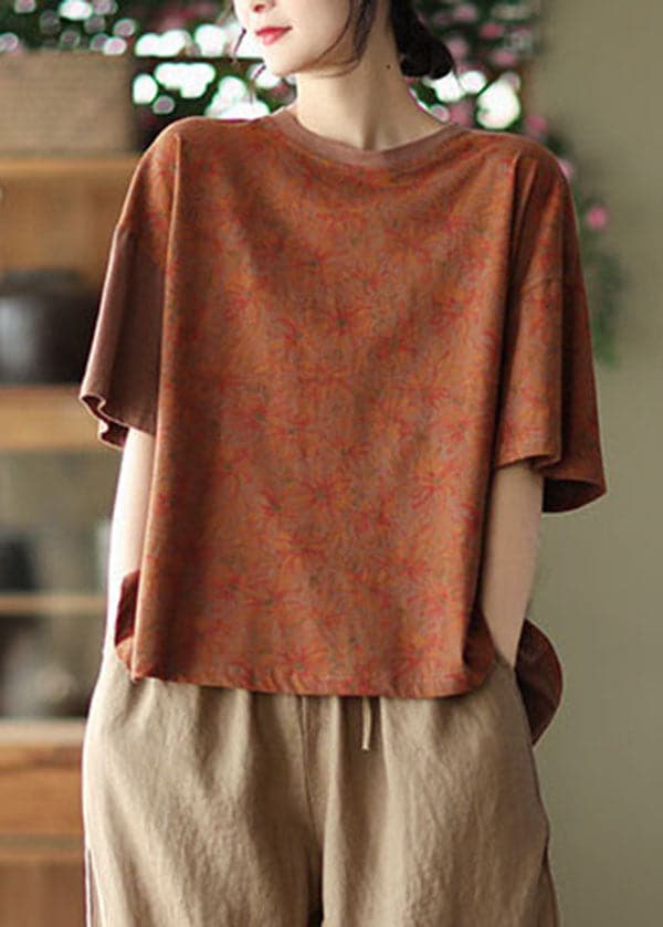 Brown Print Cotton Tanks O-Neck Asymmetrical Batwing Sleeve GK-STP220523