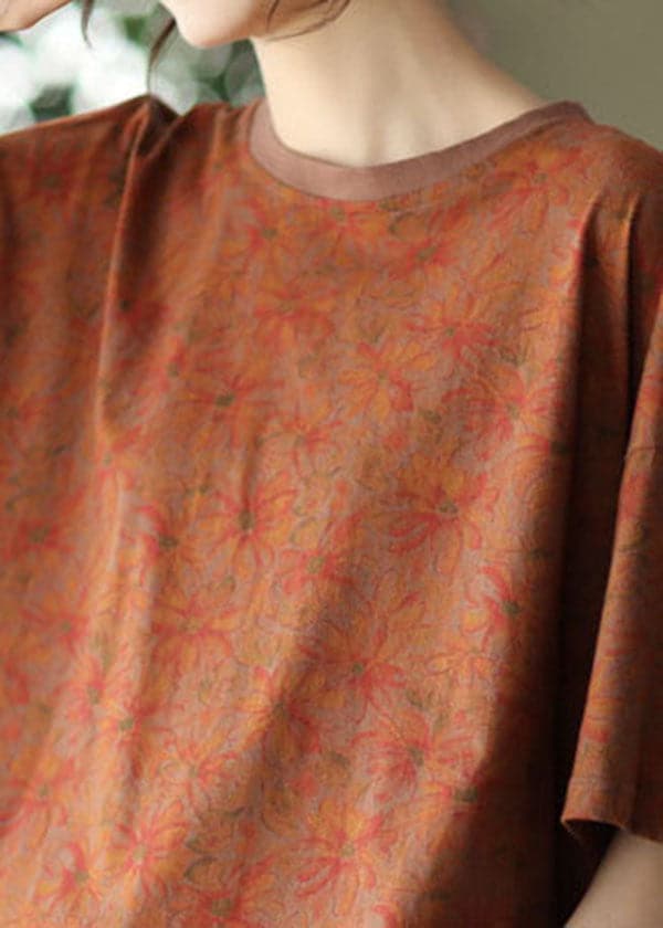 Brown Print Cotton Tanks O-Neck Asymmetrical Batwing Sleeve GK-STP220523