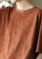 Brown Print Cotton Tanks O-Neck Asymmetrical Batwing Sleeve GK-STP220523