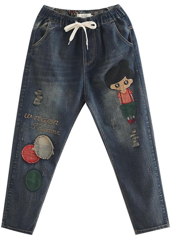 Cartoon Embroidery Hollow Drawstring Waist Denim Jeans BG-LPTS210831