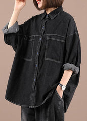 Casual Black Loose Casual Denim Fall Long Sleeve Coat WG-LTP210916