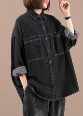 Casual Black Loose Casual Denim Fall Long Sleeve Coat WG-LTP210916