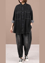 Casual Black Loose Casual Denim Fall Long Sleeve Coat WG-LTP210916