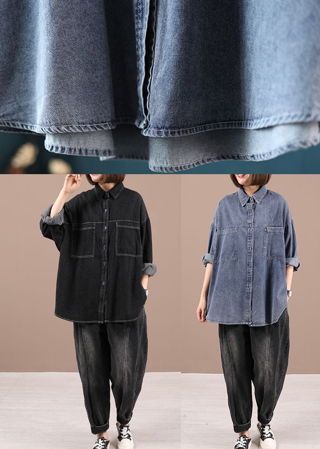 Casual Black Loose Casual Denim Fall Long Sleeve Coat WG-LTP210916