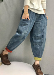 Casual Blue elastic waist Pockets denim Pants Spring BSNZK-LPTS211124
