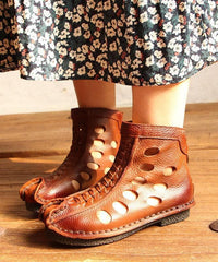 Casual Hollow Out Boots Brown Cowhide Leather XZ210706