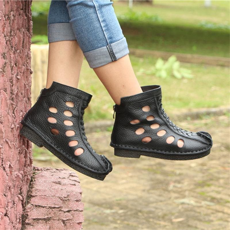 Casual Hollow Out Boots Brown Cowhide Leather XZ210706