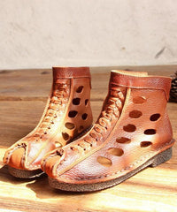 Casual Hollow Out Boots Brown Cowhide Leather XZ210706