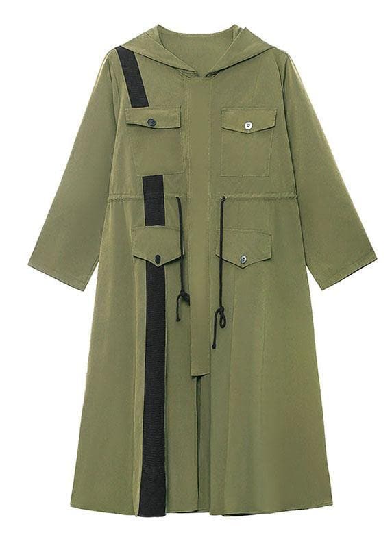 Chic Army Green Pockets Patchwork Button Zippered Fall Tie Waist Hooded Coat Long Sleeve AT-TCT210907