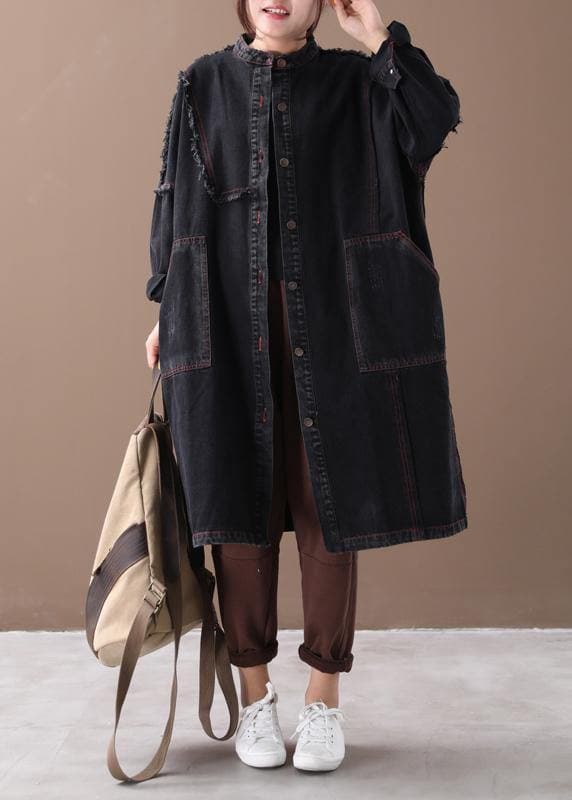 Chic denim black Fashion coat for woman Tutorials stand collar Button Down coats WG-TCT191018