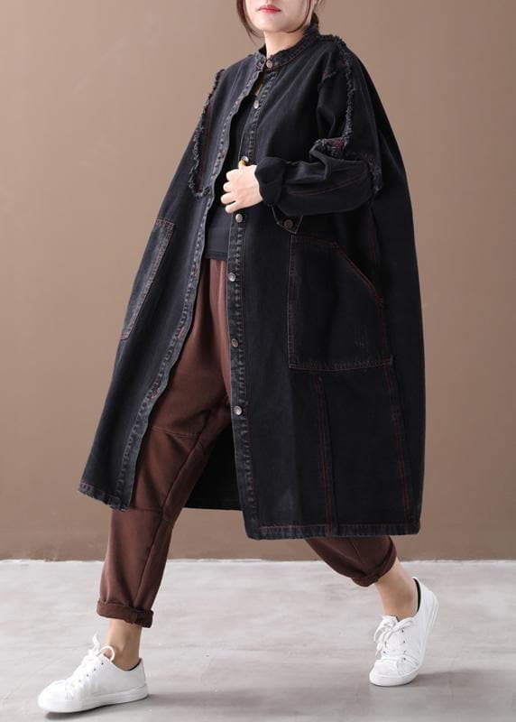 Chic denim black Fashion coat for woman Tutorials stand collar Button Down coats WG-TCT191018