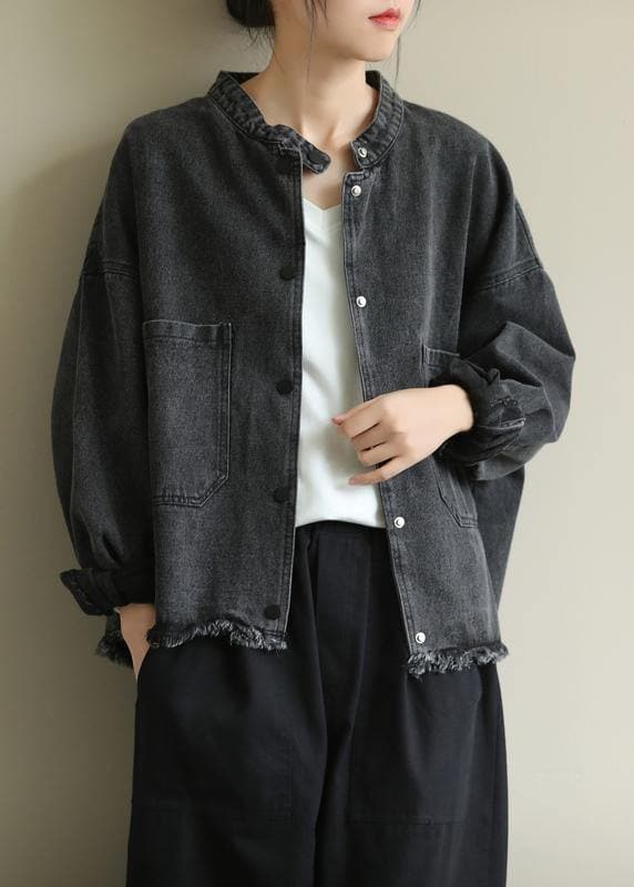 Chic denim black Plus Size clothes Work stand collar pockets outwears CTS200822
