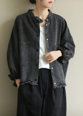 Chic denim black Plus Size clothes Work stand collar pockets outwears CTS200822