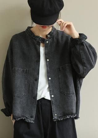 Chic denim black Plus Size clothes Work stand collar pockets outwears CTS200822