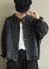 Chic denim black Plus Size clothes Work stand collar pockets outwears CTS200822